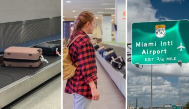 luggage claim area (l) woman goes to pick up her luggage (c) miami airport sign (r)