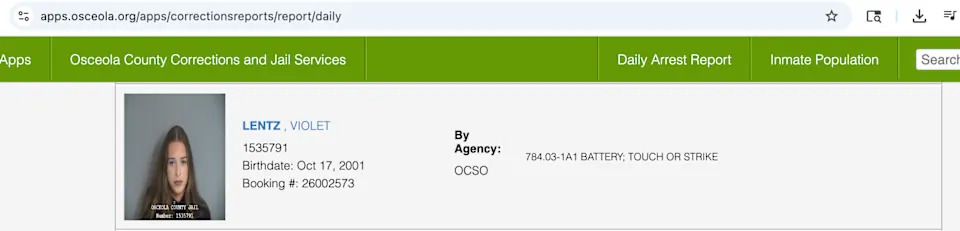 A webpage showing an arrest report for Violet Lentz, with details including birthdate, booking number, and charge by OCSO.