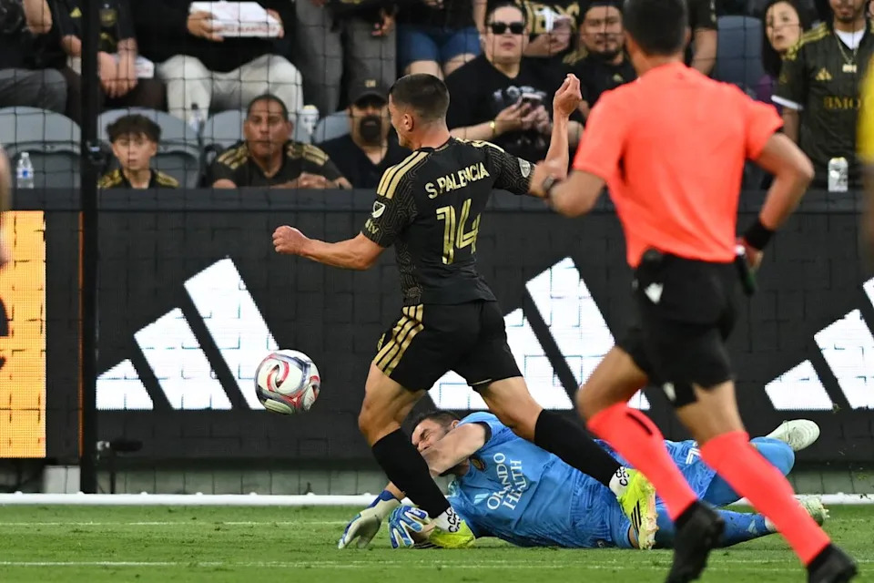 LAFC defender Sergi Palencia (14) makes an attempt at goal during an MLS game between LAFC and Orlando City SC on Saturday, April 4, 2026 at BMO Stadium in Los Angeles Calif