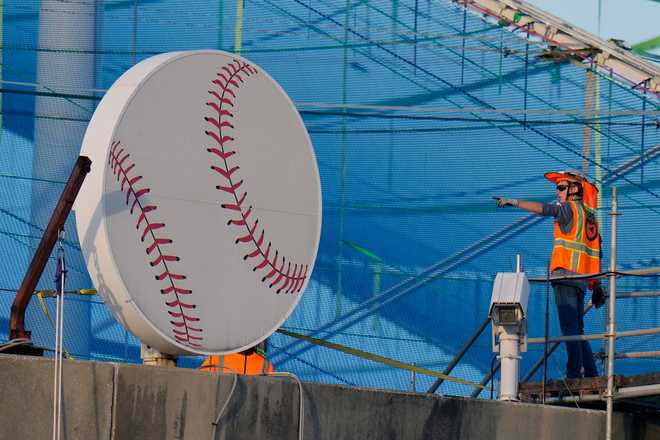 Roof repairs at Tropicana Field are near completion at the domed stadium near downtown Wednesday Dec. 17, 2025, in Saint Petersburg, Va. The roof of the stadium was destroyed during hurricane Milton in 2024. (