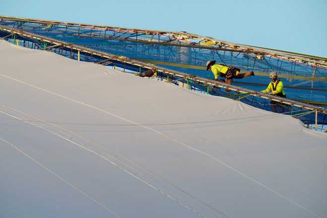 Roof repairs at Tropicana Field are near completion at the domed stadium near downtown Wednesday Dec. 17, 2025, in Saint Petersburg, Va. The roof of the stadium was destroyed during hurricane Milton in 2024. (