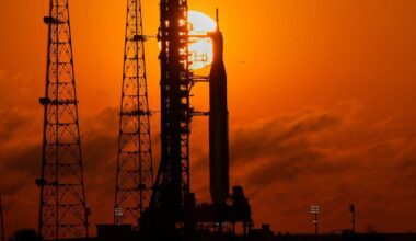 The Artemis II mission rocket, the Space Launch System, stands ready at Kennedy Space Center on Tuesday in Cape Canaveral, Fla. (John Raoux/Associated Press)