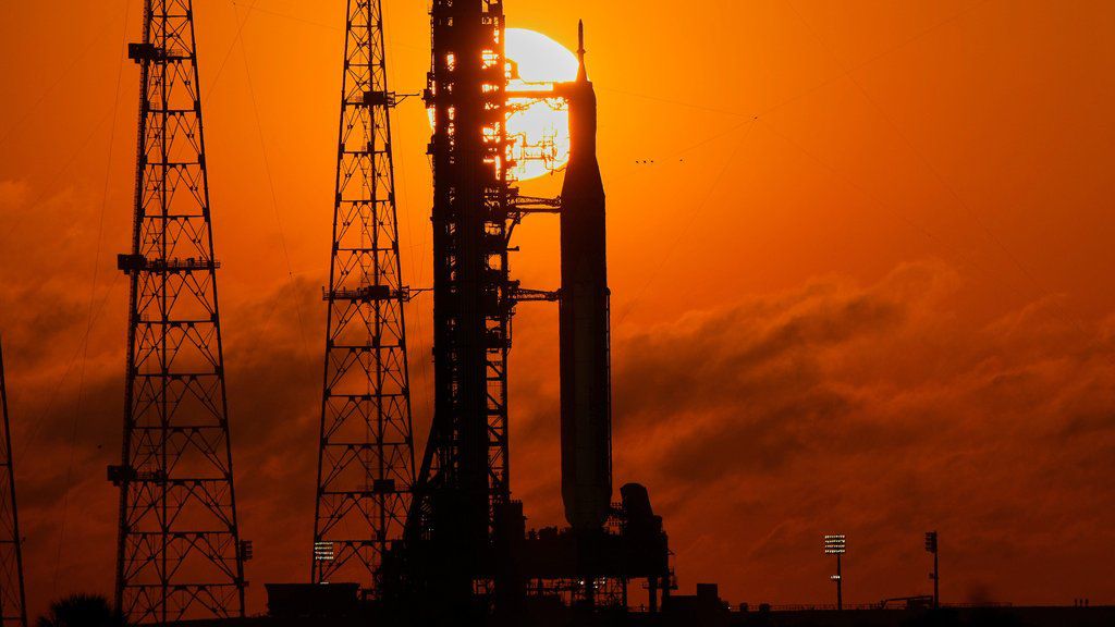 The Artemis II mission rocket, the Space Launch System, stands ready at Kennedy Space Center on Tuesday in Cape Canaveral, Fla. (John Raoux/Associated Press)