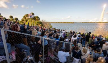 Guests at the Banana Creek viewing site watch the launch of the Artemis II mission's Space Launch System rocket and Orion spacecraft, Wednesday, April 1, 2026, at NASA’s Kennedy Space Center in Florida. (NASA/Keegan Barber)