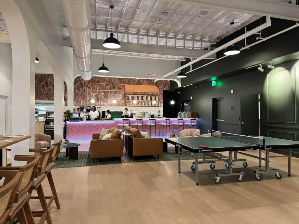 A wide angle view of a bar and restaurant