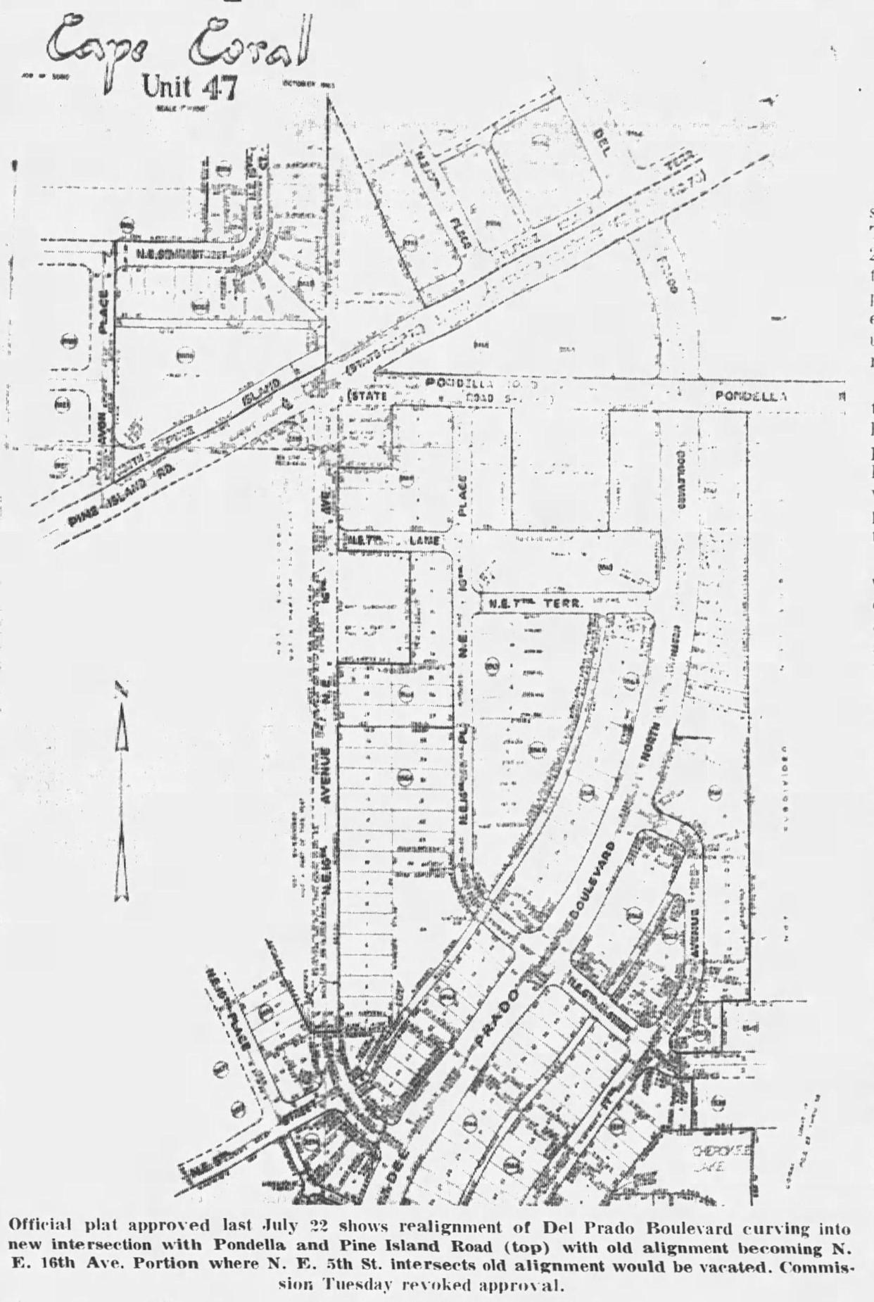 A map showing Del Prado Boulevard curving into Pondella Road was displayed in The News-Press in 1965.