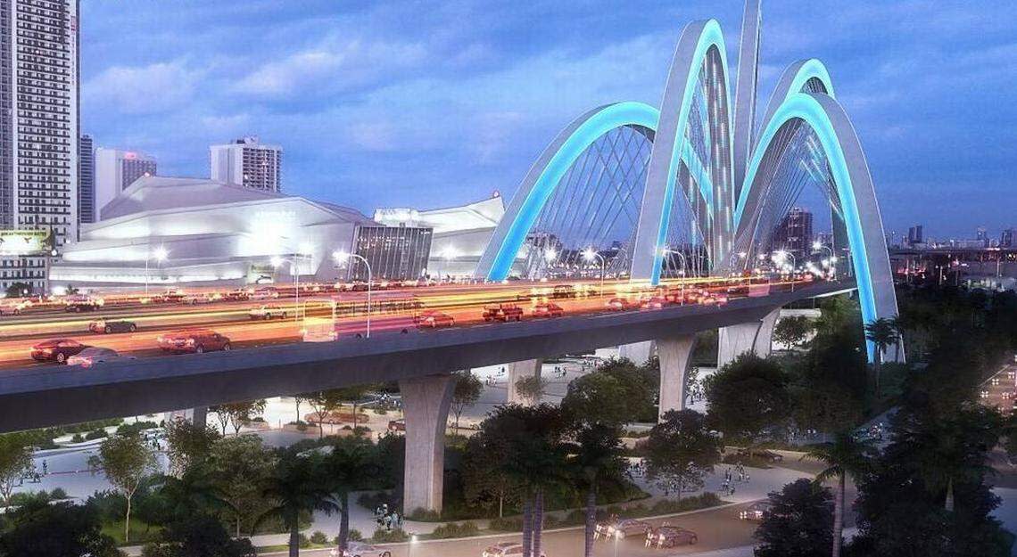 A rendering depicts a reconstructed Interstate 395 overpass and its “signature bridge” arches in downtown Miami, with the Arsht Center to its left.