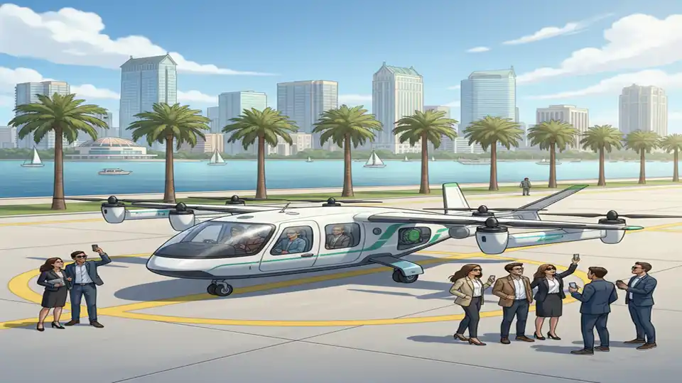 Electric air taxi aircraft on tarmac at downtown waterfront airport with city skyline in background