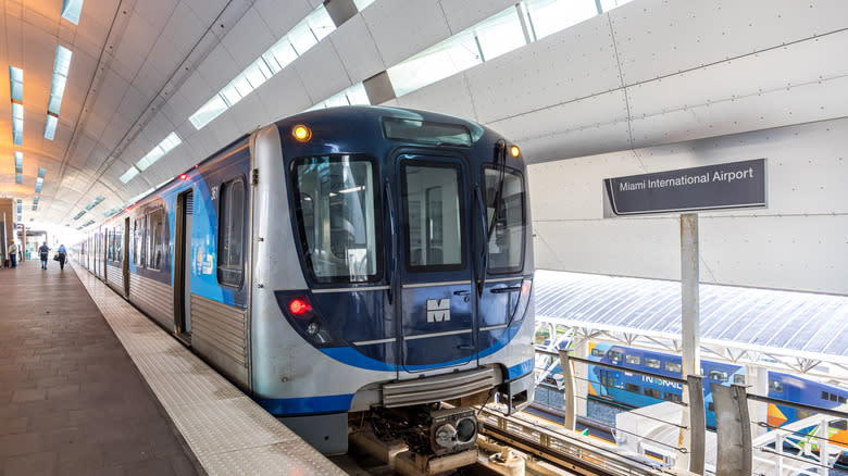 A Miami Metrorail train at a station.