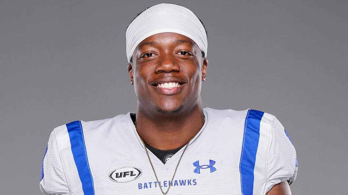 Chris Payton-Jones posing in St. Louis Battlehawks uniform in Arlington Texas