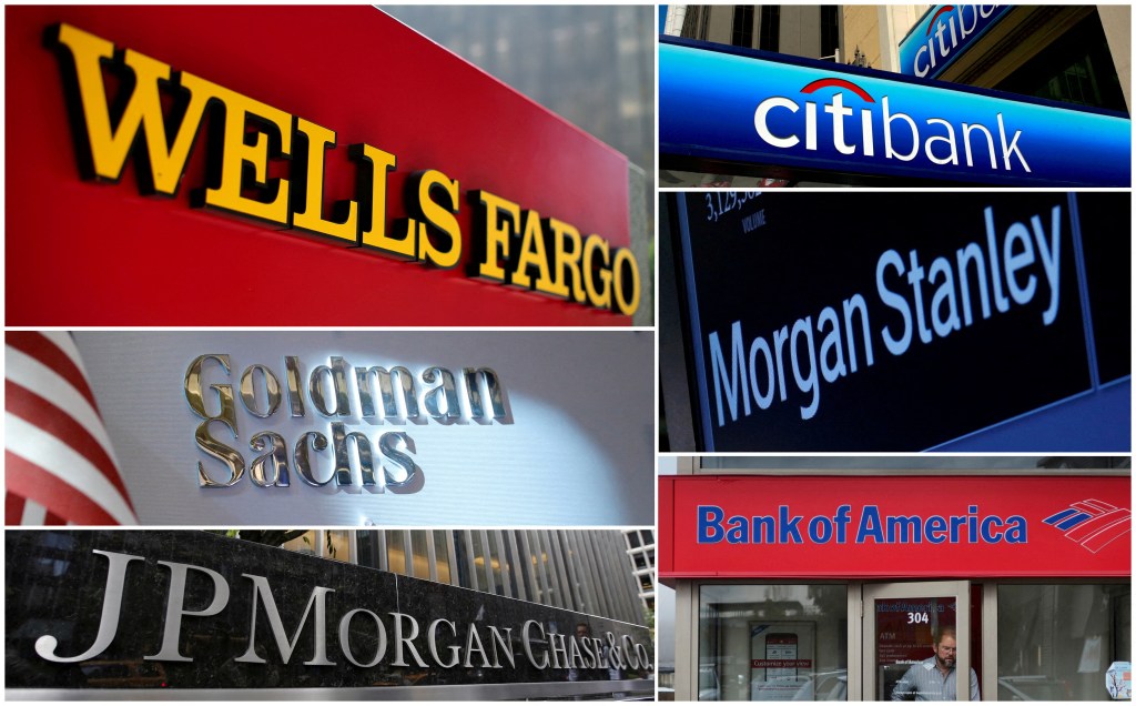 Collage of Wells Fargo, Citibank, Morgan Stanley, Goldman Sachs, JPMorgan Chase, and Bank of America signs.
