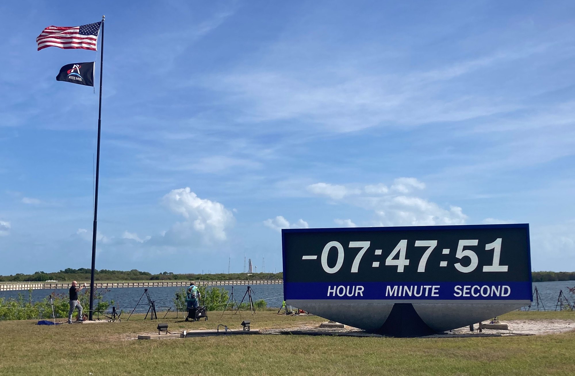 The countdown clock ticks down on launch day Wednesday, April...