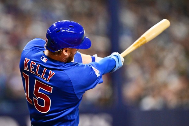 Carson Kelly of the Chicago Cubs hits a double in the fifth inning against the Tampa Bay Rays at Tropicana Field on April 8, 2026, in St Petersburg, Fla. (Julio Aguilar/Getty Images)