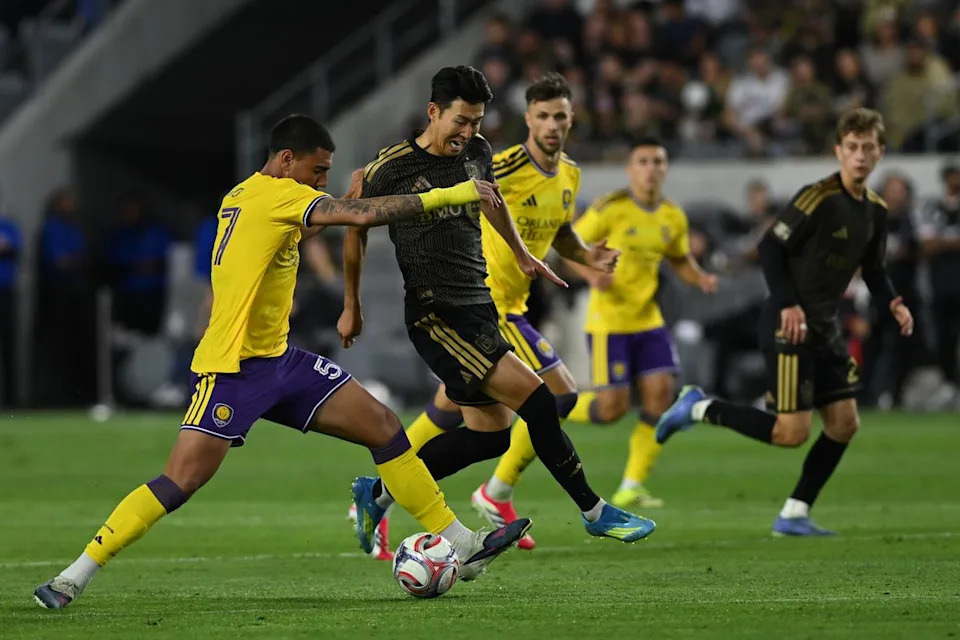 LAFC forward Son Heung-Min (7) sprints on defense during an MLS game between LAFC and Orlando City SC on Saturday, April 4, 2026 at BMO Stadium in Los Angeles Calif