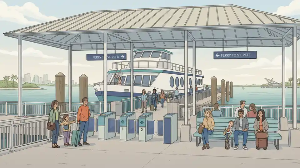 Ferry passengers boarding vessel at covered dock terminal with ticket gates and waiting area visible