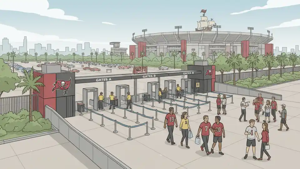 Raymond James Stadium entrance gates with security checkpoint and crowd management barriers
