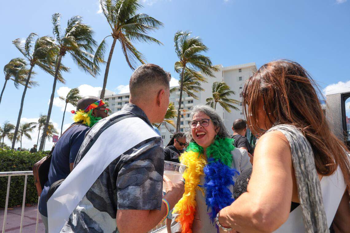 Miami-Dade County Mayor Daniella Levine Cava walks down Ocean Drive during the 18th annual pride parade in Miami Beach, Florida, Sunday, April 12, 2026.