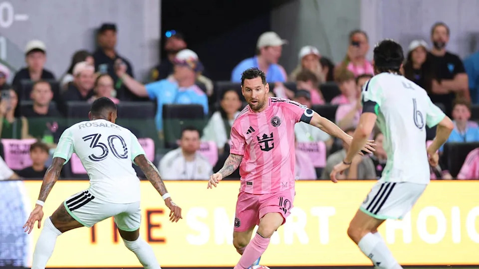 Lionel Messi #10 of Inter Miami CF controls the ball whilst under pressure from Joseph Rosales #30 and Ilie Sanchez #6 of Austin FC during the MLS match between Inter Miami CF and Austin FC at Nu Stadium on April 04, 2026 in Miami, Florida. (Photo by Megan Briggs/Getty Images)Photo by Megan Briggs&sol;Getty Images