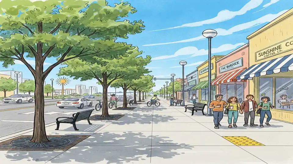 Wide sidewalk along Central Avenue in St. Petersburg showing pedestrian-friendly infrastructure with street trees, benches, and accessible curb ramps