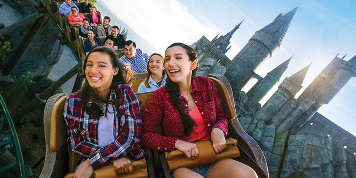 Guests riding Flight of the Hippogriff in The Wizarding World of Harry Potter at Universal Studios Hollywood
