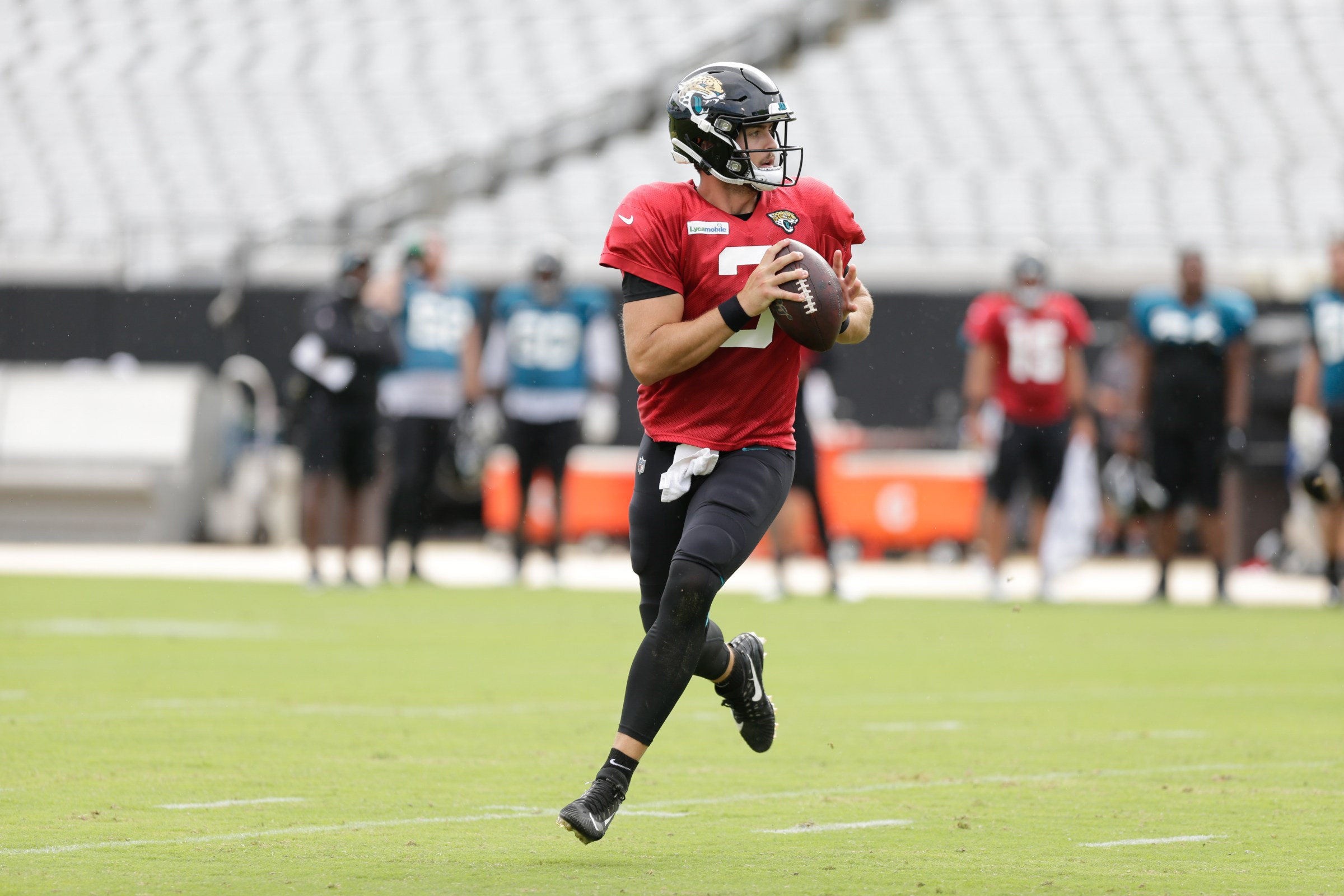 JACKSONVILLE, FL - AUGUST 02: Jacksonville Jaguars quarterback Tanner Lee (3) during training camp on August 2, 2019 at TIAA Bank Field in Jacksonville, Fl. (Photo by David Rosenblum/Icon Sportswire via Getty Images)