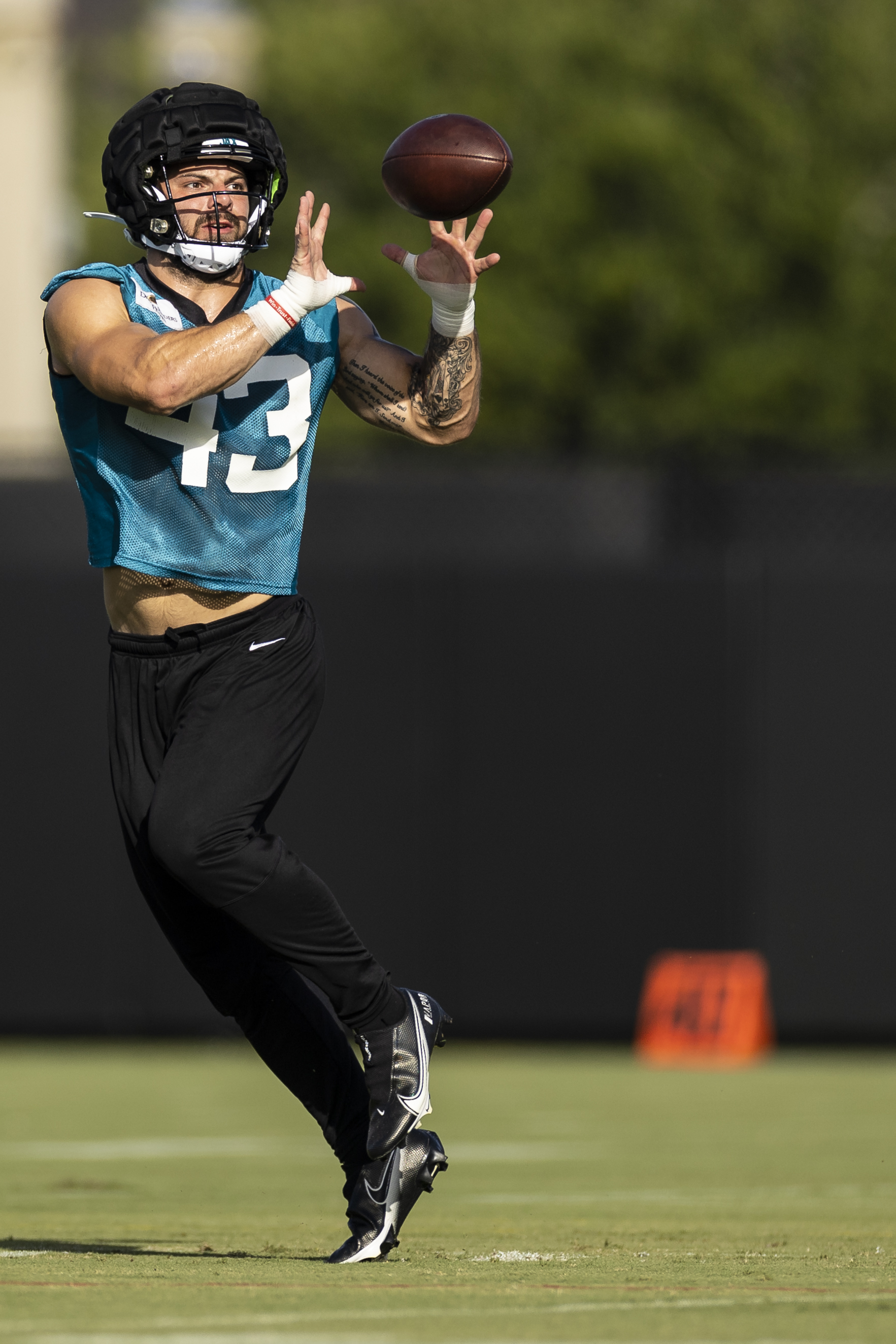 JACKSONVILLE, FLORIDA - JULY 27: Derek Parish #43 of the Jacksonville Jaguars catches a pass during training camp at Miller Electric Center on July 27, 2023 in Jacksonville, Florida. (Photo by James Gilbert/Getty Images)
