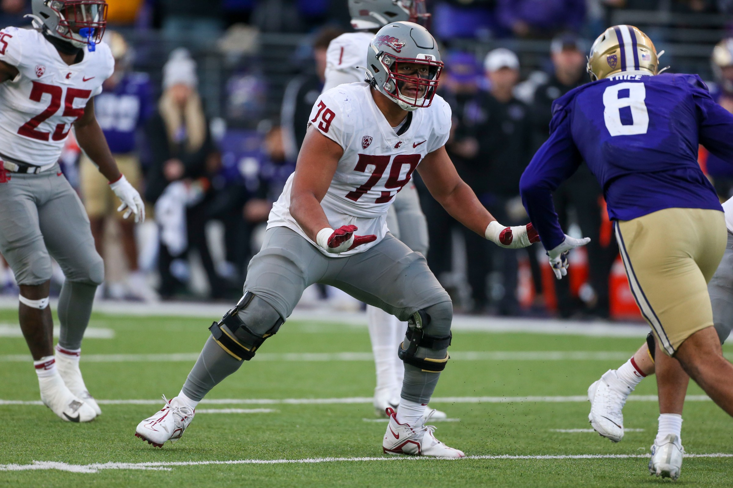 SEATTLE, WA - NOVEMBER 25: Washington State’s #79 (OL) Fa’alili Fa’amoe during the 115th Apple Cup college football game between the Washington Huskies versus the Washington State Cougars on November 25, 2023, at Husky Stadium in Seattle, WA. (Photo by Jesse Beals/Icon Sportswire via Getty Images)