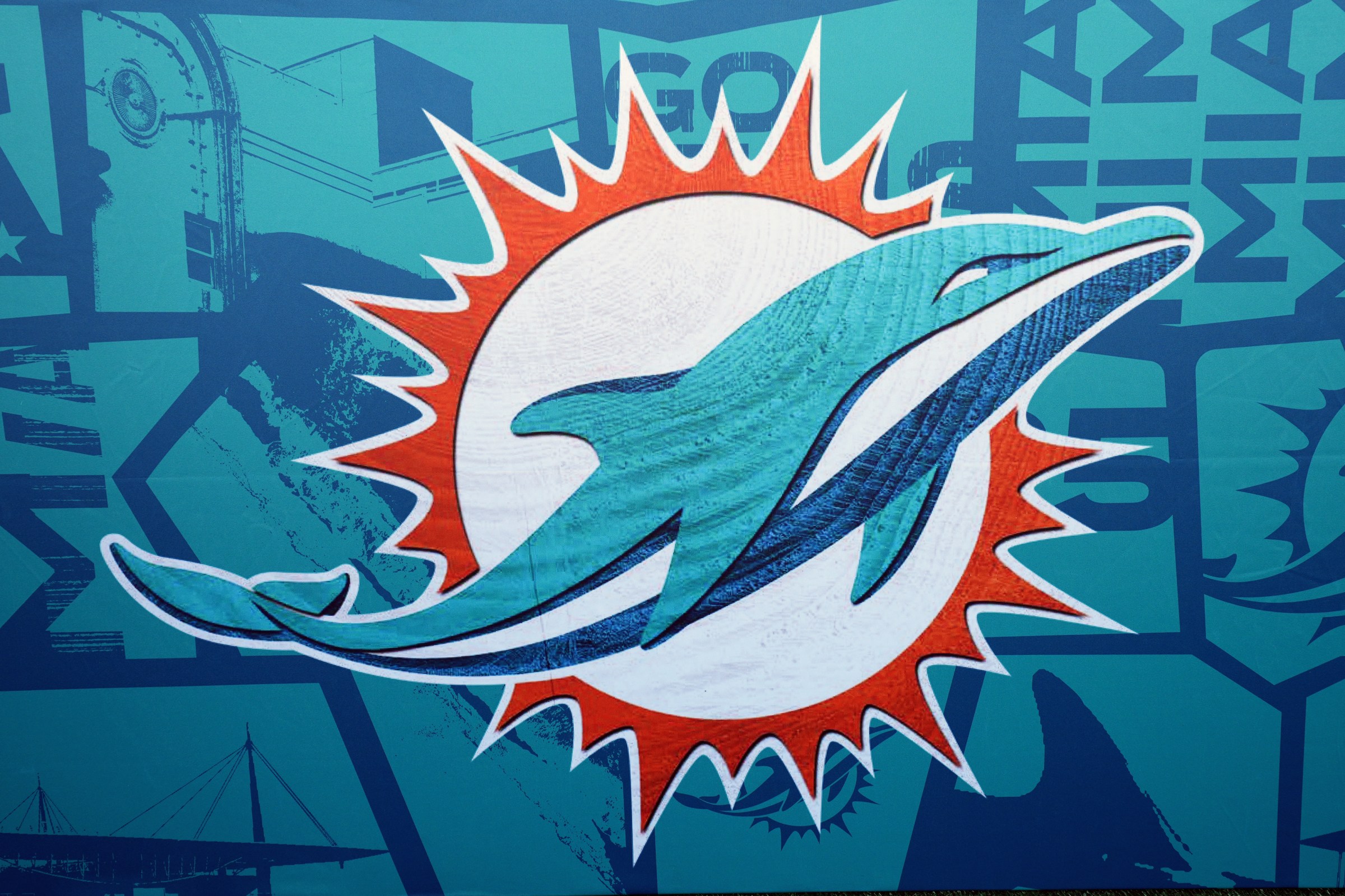 GREEN BAY, WISCONSIN - APRIL 23: A general view of the Miami Dolphins logo prior to the 2025 NFL Draft at Lambeau Field on April 23, 2025 in Green Bay, Wisconsin. (Photo by Perry Knotts/Getty Images)