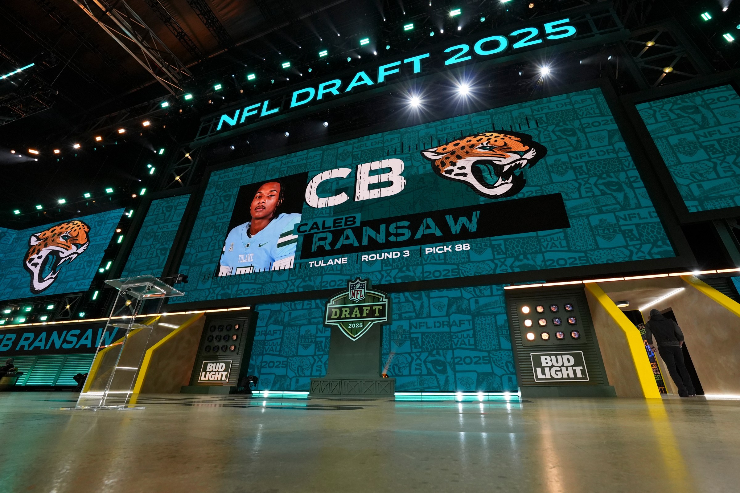 GREEN BAY, WISCONSIN - APRIL 25: A screen shows Tulane cornerback Caleb Ransaw after being selected by the Jacksonville Jaguars with the 88th overall pick during the third round of the 2025 NFL Draft on April 25, 2025 in Green Bay, Wisconsin. (Photo by Perry Knotts/Getty Images)