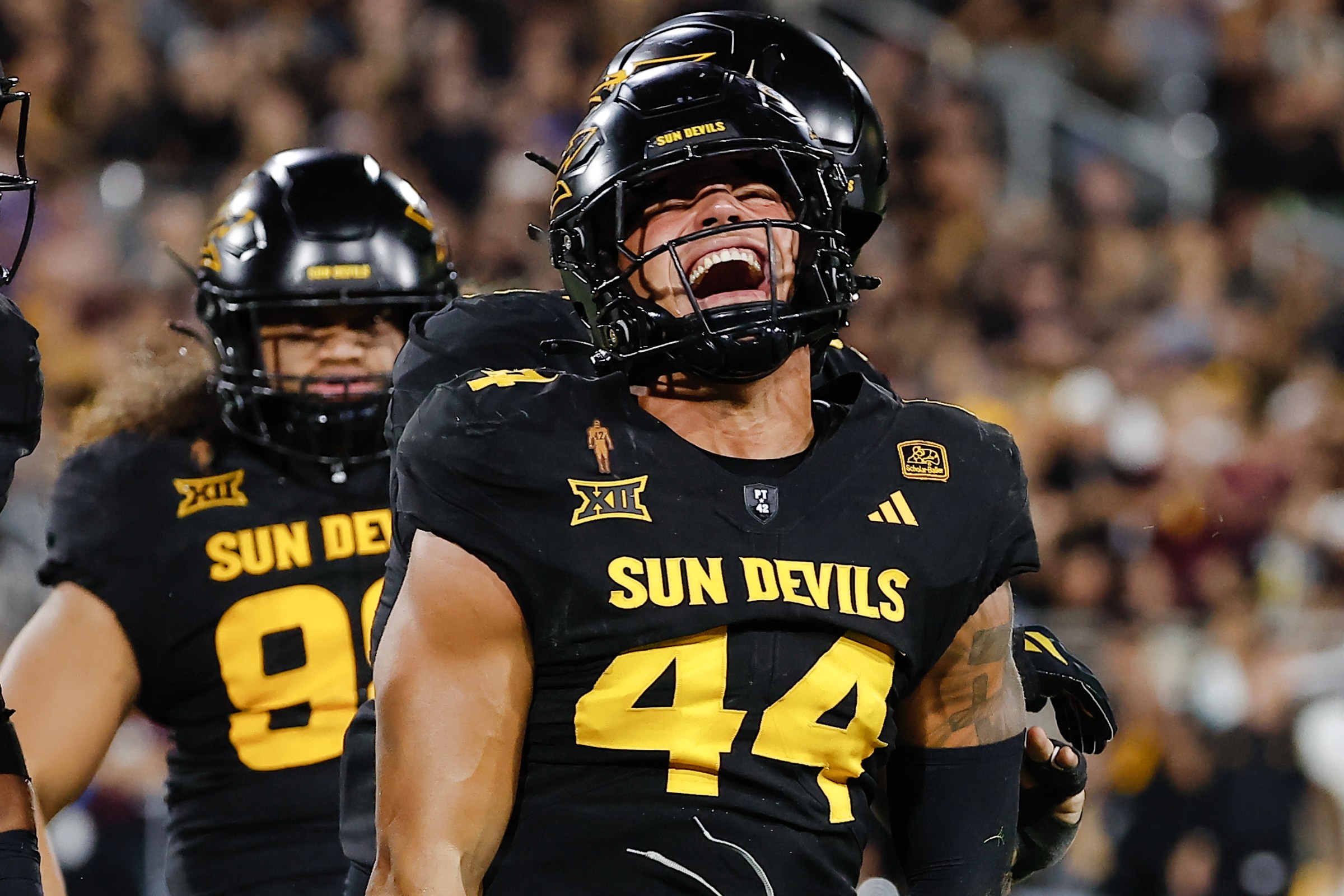 TEMPE, AZ - SEPTEMBER 26: Arizona State Sun Devils linebacker Keyshaun Elliott (44) reacts to a big play during the college football game between the TCU Horned Frogs and the Arizona State Sun Devils on September 26, 2025 at Mountain America Stadium in Tempe, Arizona. (Photo by Kevin Abele/Icon Sportswire via Getty Images)