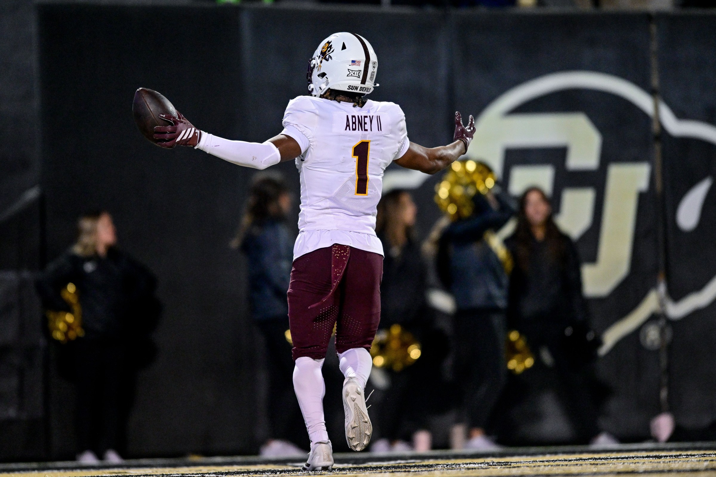 BOULDER, CO - NOVEMBER 22: Keith Abney II #1 of the Arizona State Sun Devils celebrates after recovering a fumble in the fourth quarter against the Colorado Buffaloes at Folsom Field on November 22, 2025 in Boulder, Colorado. (Photo by Dustin Bradford/Getty Images)