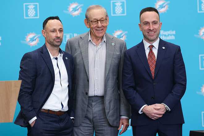 Miami Dolphins Introduce Jeff Hafley MIAMI GARDENS, FLORIDA - JANUARY 22: Miami Dolphins General Manager Jon-Eric Sullivan, Miami Dolphins owner Stephen M. Ross, and Head Coach Jeff Hafley pose for a photo during a press conference at Baptist Health Training Complex on January 22, 2026 in Miami Gardens, Florida. (Photo by Carmen Mandato/Getty Images)