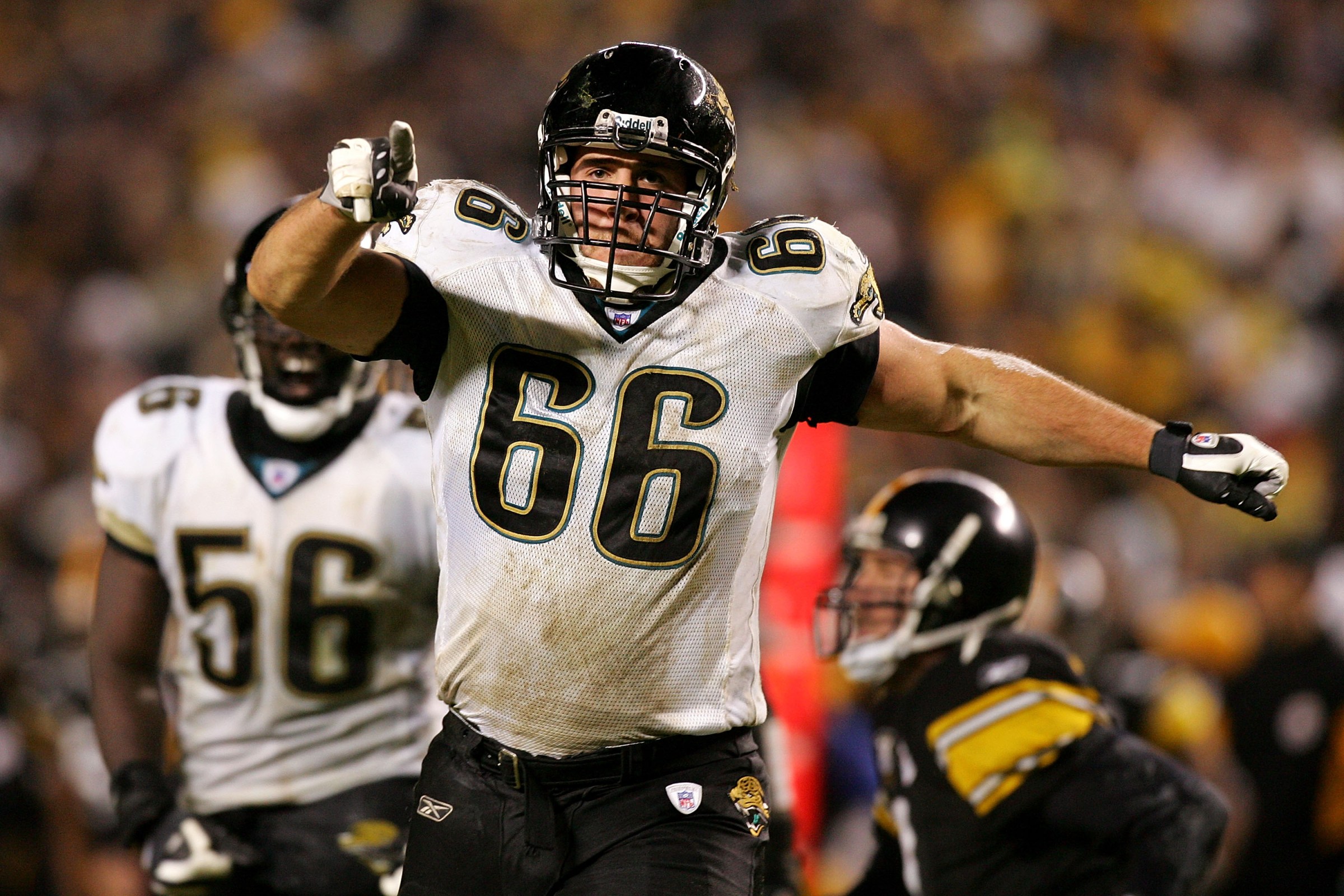 PITTSBURGH - JANUARY 05: Derek Landri #66 of the Jacksonville Jaguars celebrates after sacking Ben Roethlisberger #7 of the Pittsburgh Steelers in the first half of the AFC Wild Card game on January 5, 2008 at Heinz Field in Pittsburgh, Pennsylvania. (Photo by Jim McIsaac/Getty Images)
