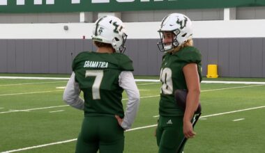 Nico and Gaston Gramatica talk during USF football practice. (Michael Epps - Spectrum Sports 360)