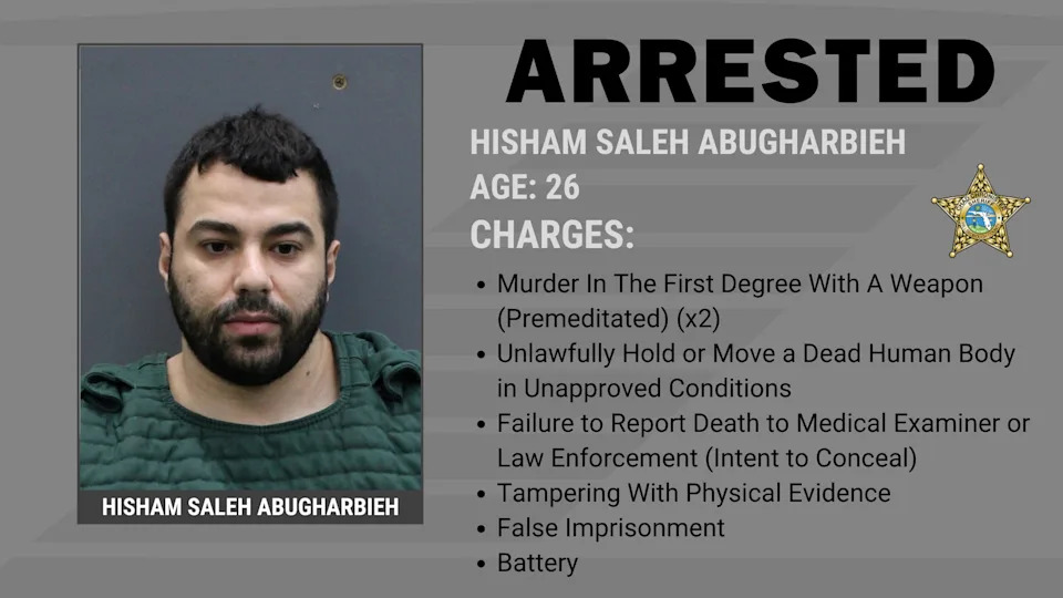 Hisham Saleh Abugharbieh was charged Saturday with two counts of first-degree murder in the deaths of USF doctoral students Zamil Limon and Nahida Bristy, the Hillsborough County Sheriff's Office said.