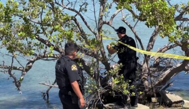 St. Petersburg Police Department officers put caution tape around an area near I-275 and 4th Street where human remains were discovered on Sunday. (Spectrum News/Matt Lackritz)