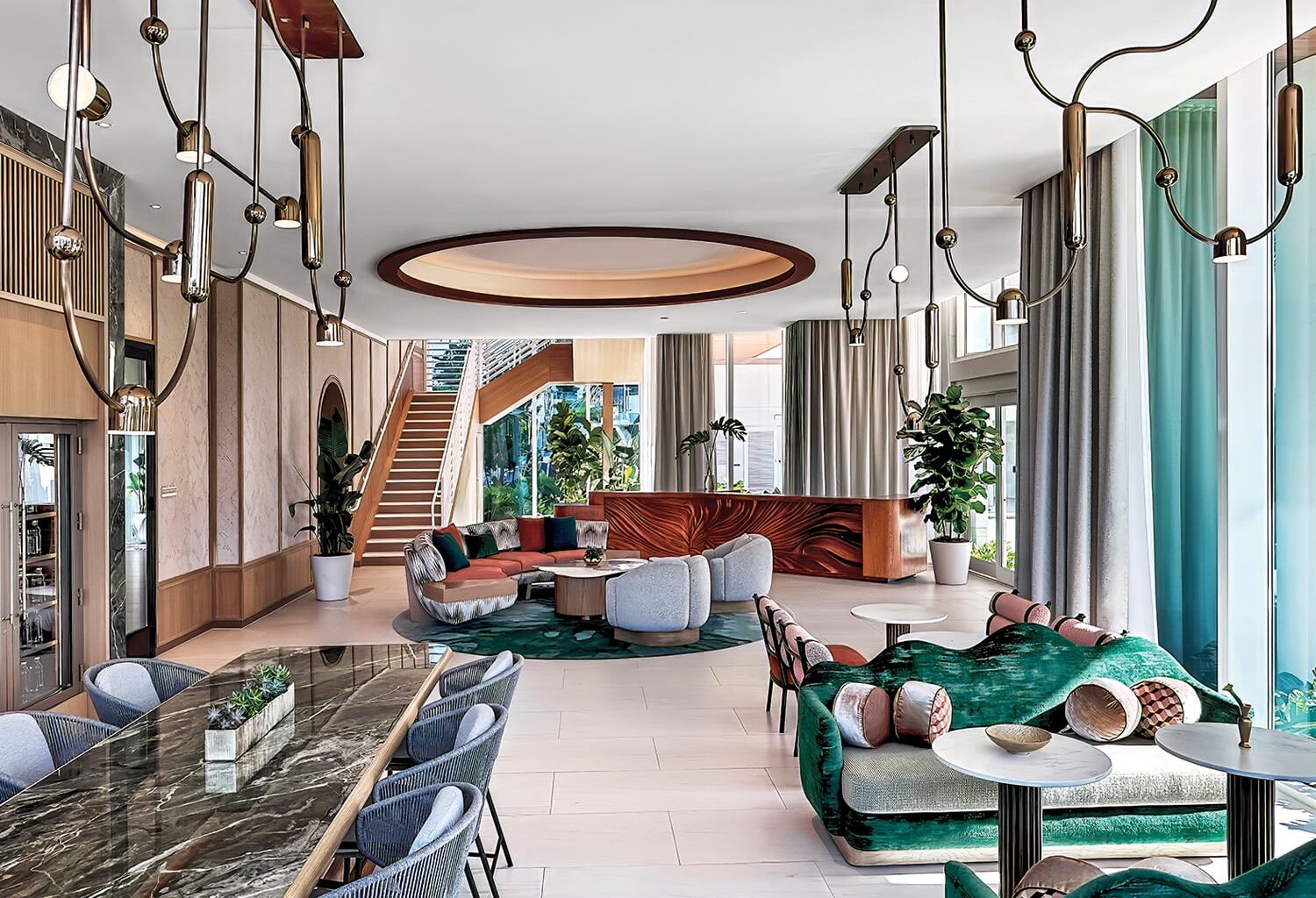 suite with dining table and staircase and lounge area