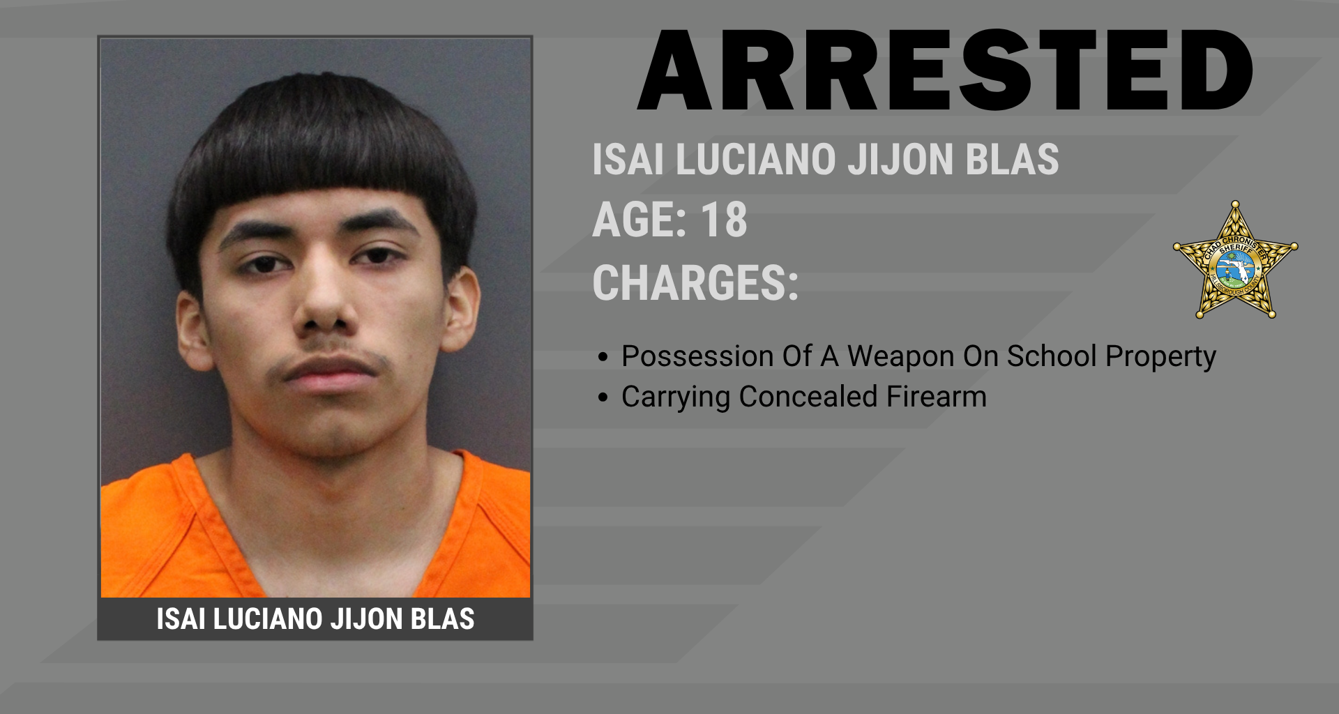 STUDENT ARRESTED FOR BRINGING FIREARM TO SCHOOL