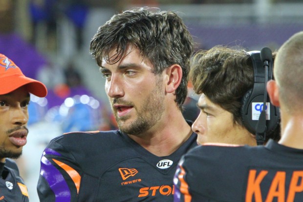 Orlando Storm quarterback Jack Plummer leads the UFL in passing percentage, completing 70% of his passes in leading the Storm to a 3-0 start in their first season. (Chris Hays/Orlando Sentinel)