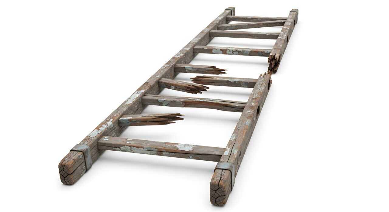 Broken wooden ladder with missing rungs isolated on white background with shadow. AI Generated.