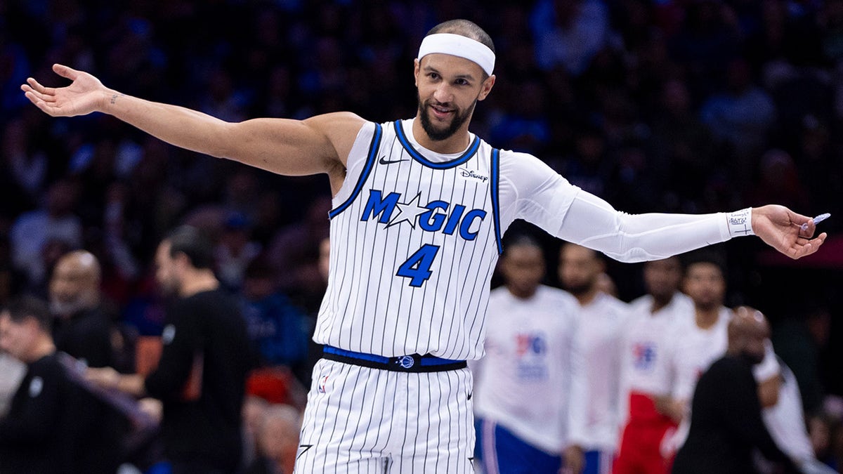Orlando Magic's Jalen Suggs reacting during an NBA Cup basketball game in Philadelphia