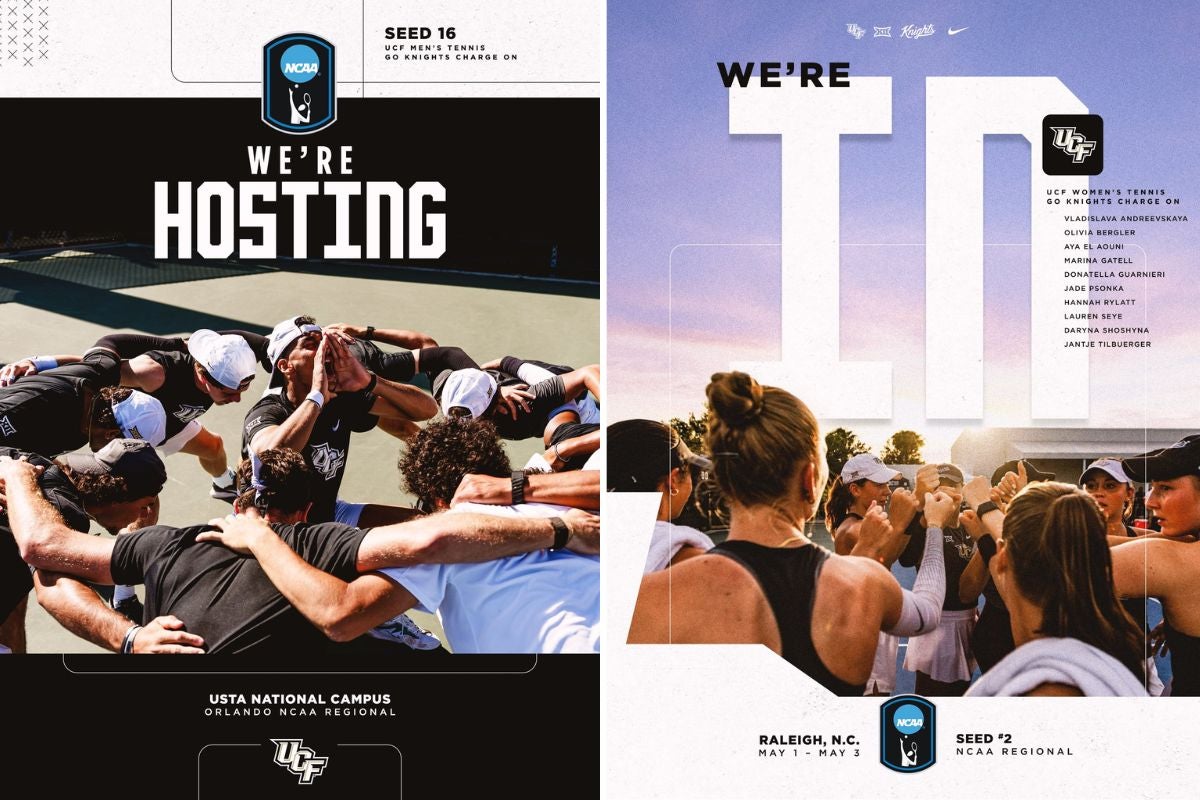 Side by side graphics, on left: photo of men's tennis team in huddle with "We're Hosting" above them. On right: women's tennis team huddles with "We're In" written above them.