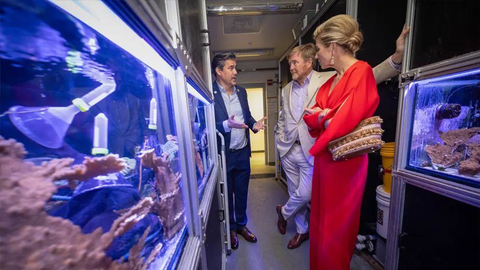 King Willem-Alexander and Queen Máxima of the Netherlands visit Andrew Baker in the Coral Futures Lab at the Rosenstiel School.