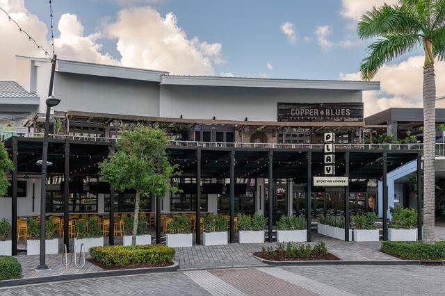 The exterior of Play Sporting Lounge, under Copper Blues at CityPlace Doral.