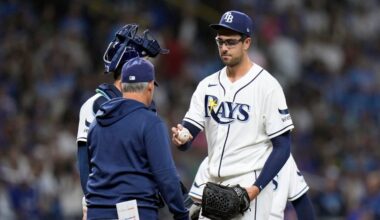 Tampa Bay Rays pitcher Joe Boyle, right, hands the ball to manager Kevin Cash as he is taken out of the game against the Chicago Cubs during the fifth inning of a baseball game Wednesday, April 8, 2026, in St. Petersburg, Fla. (AP Photo/Chris O'Meara)