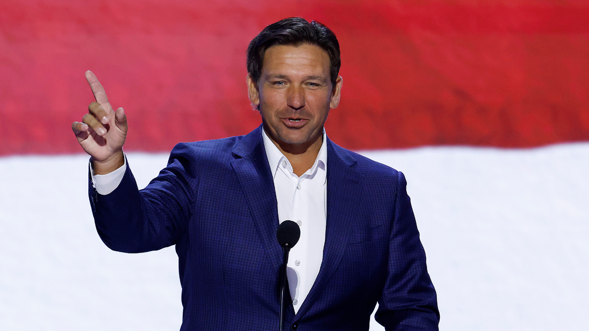 Florida Gov. Ron DeSantis speaking at the Republican National Convention in Milwaukee