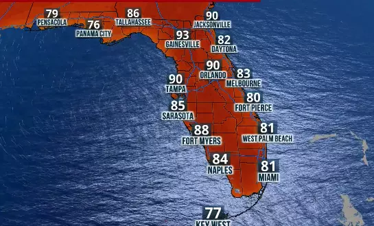 Map showing heat forecast for Florida