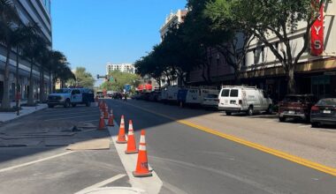 The 46-story 400 Central casts a shadow along Central Avenue in St. Petersburg. (Spectrum News)