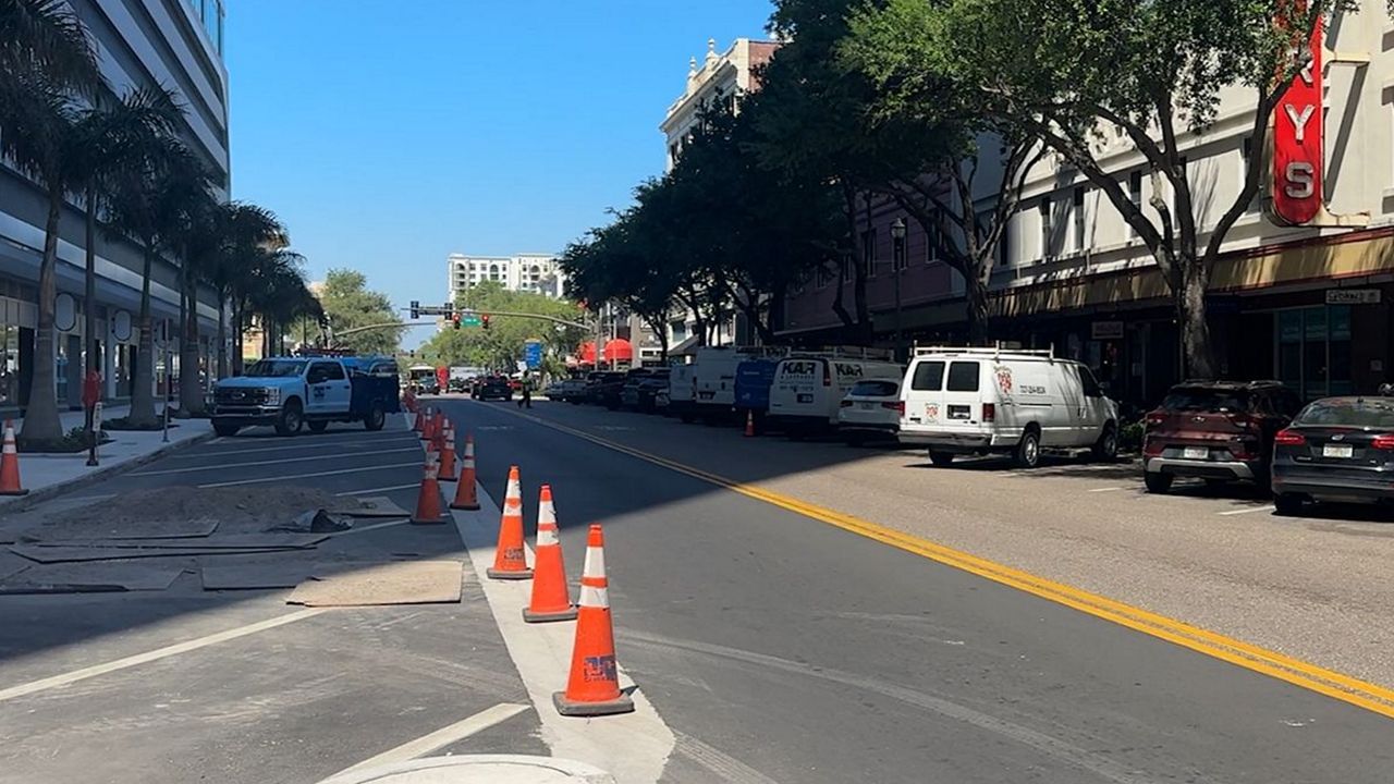 The 46-story 400 Central casts a shadow along Central Avenue in St. Petersburg. (Spectrum News)