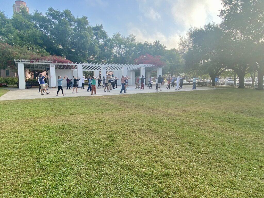 People doing tai chi in a park